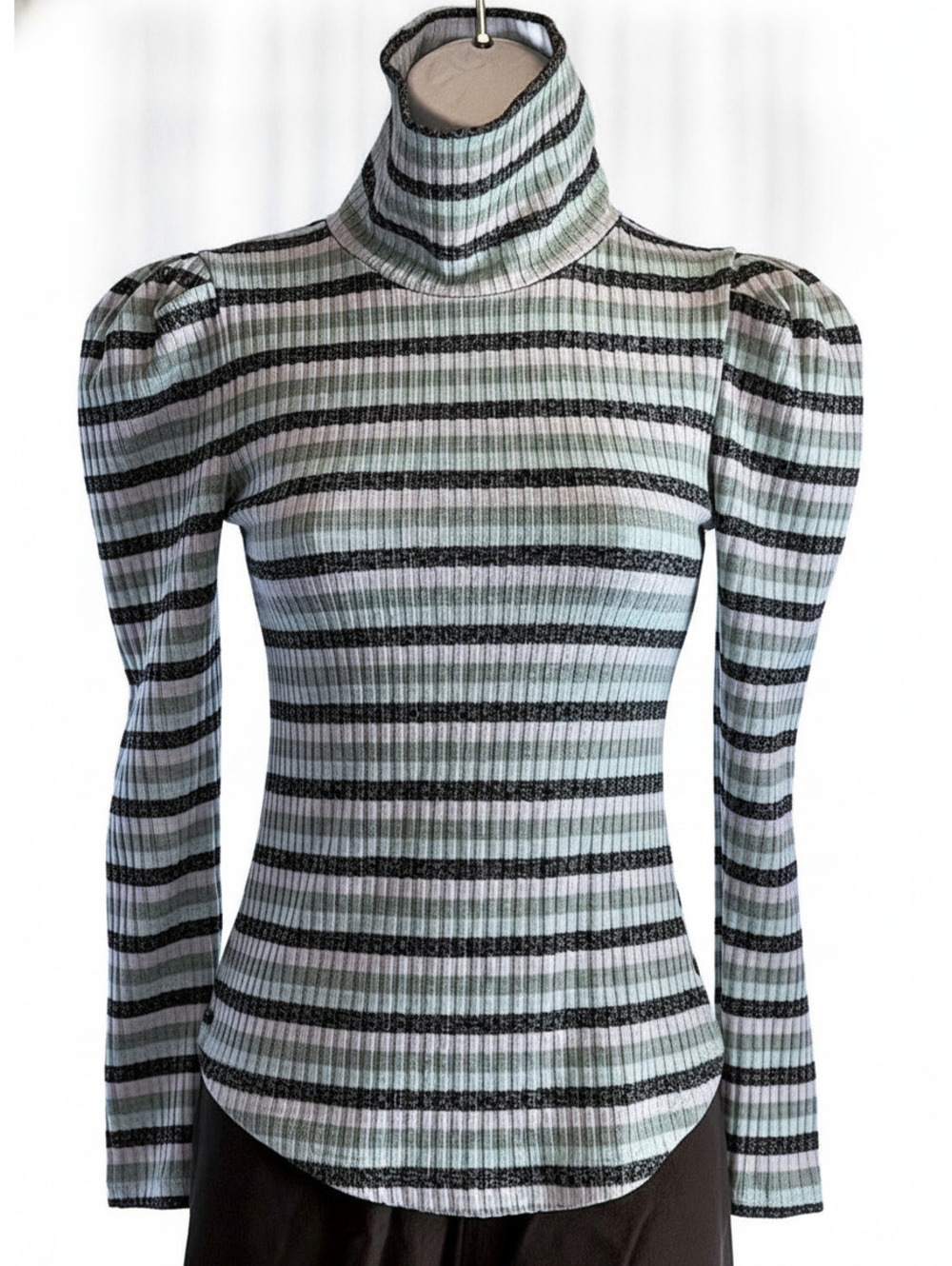 Maeve Anthropologie Striped Puff Sleeve Turtleneck Top Ribbed XS Retro Preppy 70